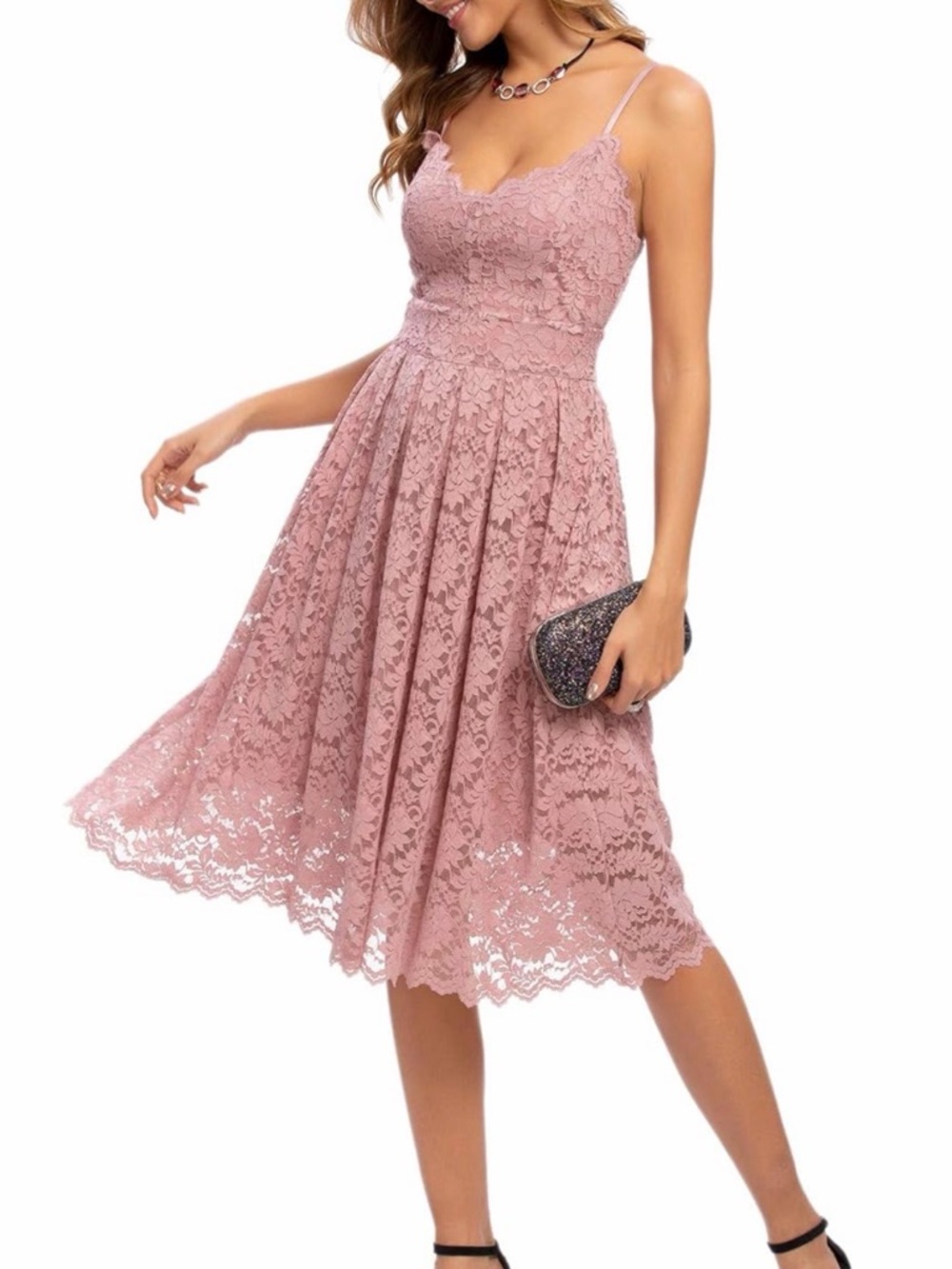 Spaghetti Strap Lace Midi Dress in Nude Pink